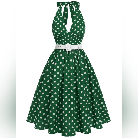 Retro Stage 1950's Green white polka dot halter dress - Picture 1 of 4